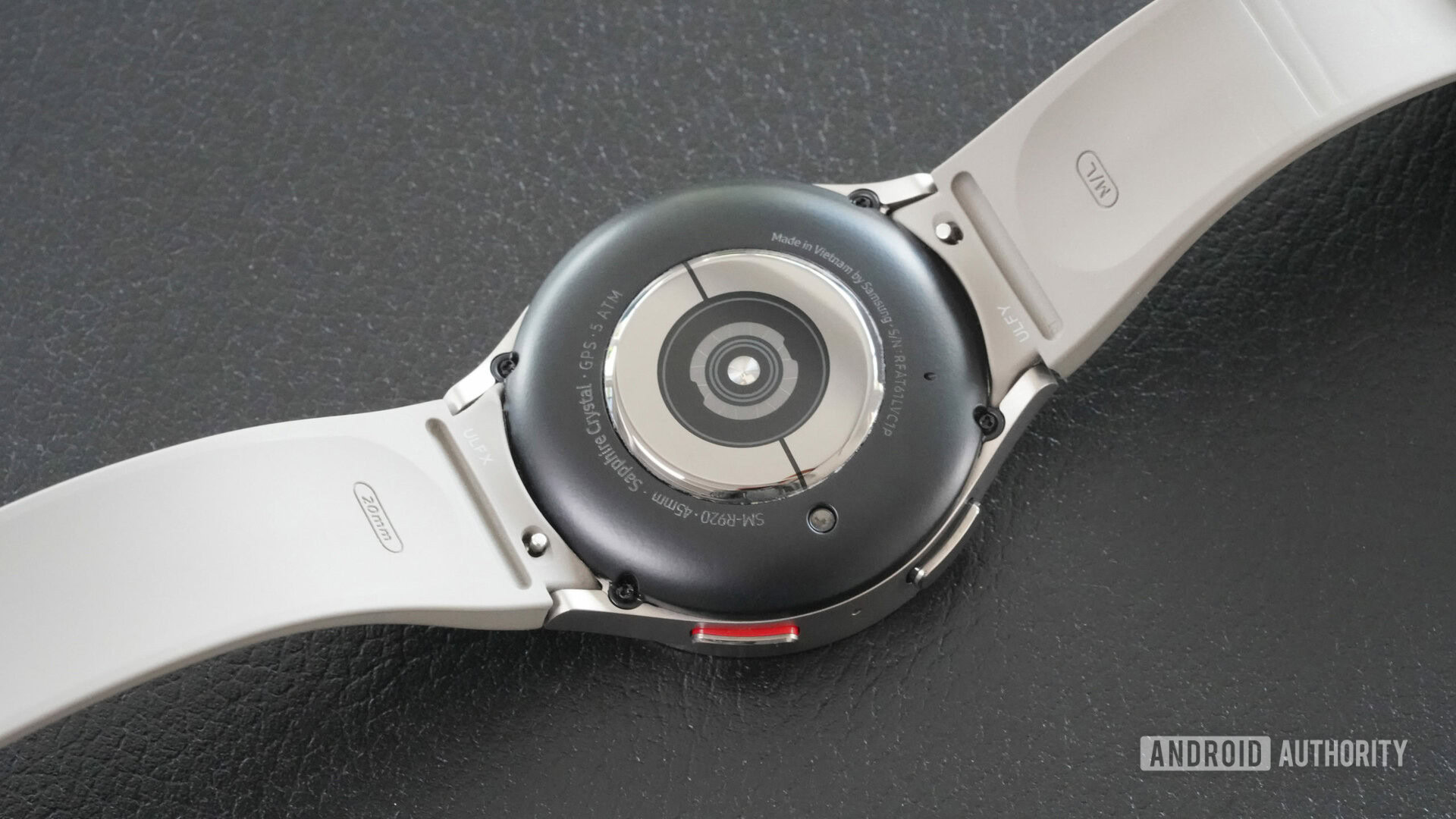 A Samsung Galaxy Watch 5 Pro rests face down showcasing the the device's upgraded sensors.