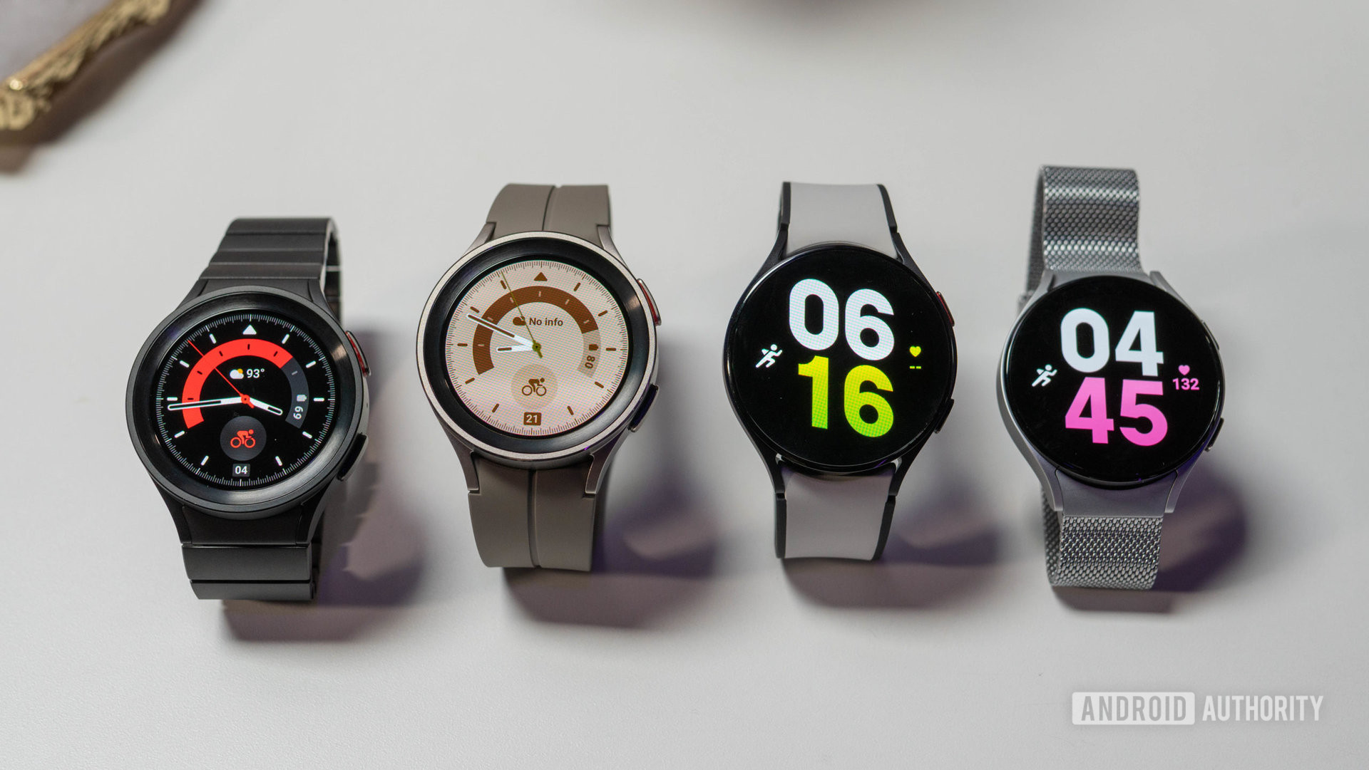 Samsung Galaxy Watch 5 Pro and Samsung Galaxy Watch 5 models on a table in various colors