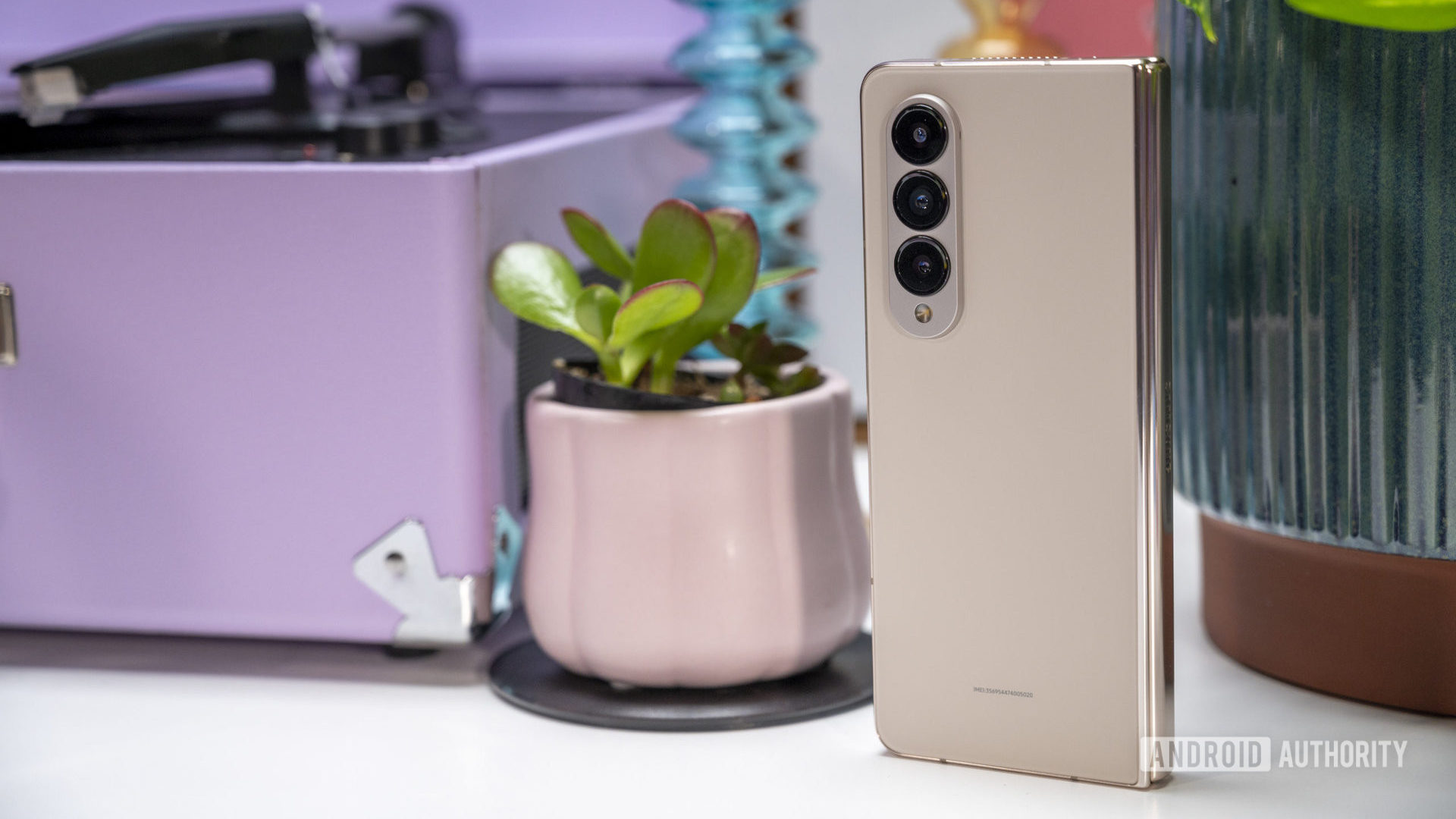 Samsung Galaxy Z Fold 4 in beige standing upright