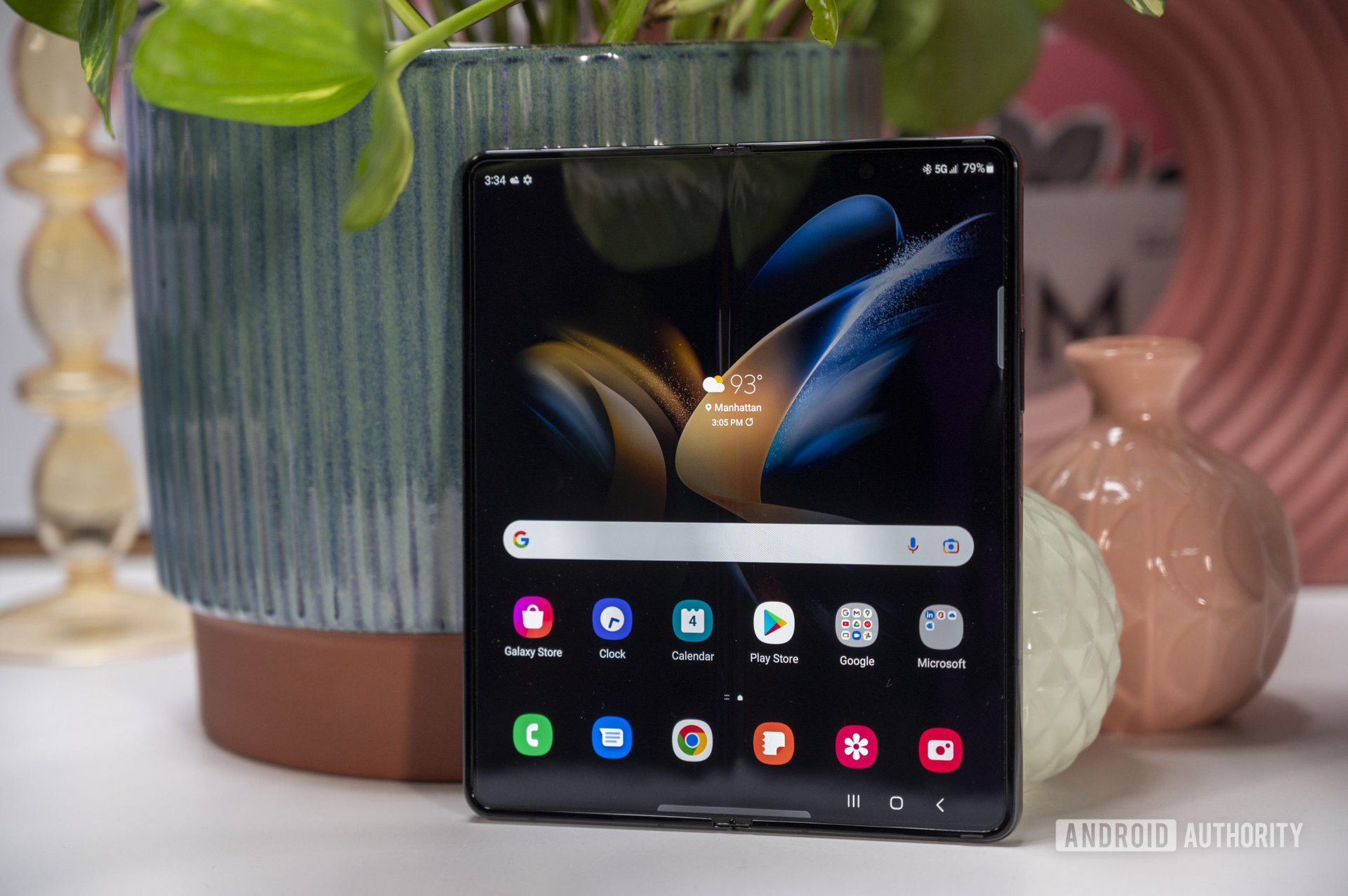 Open Samsung Galaxy Z Fold 4 standing on a table