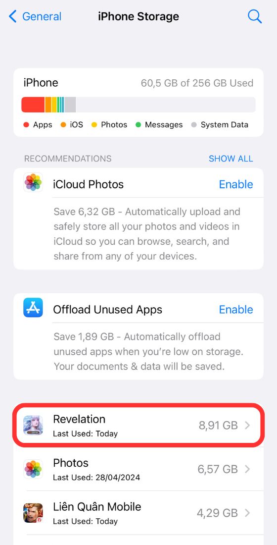 Setting iphone storage app