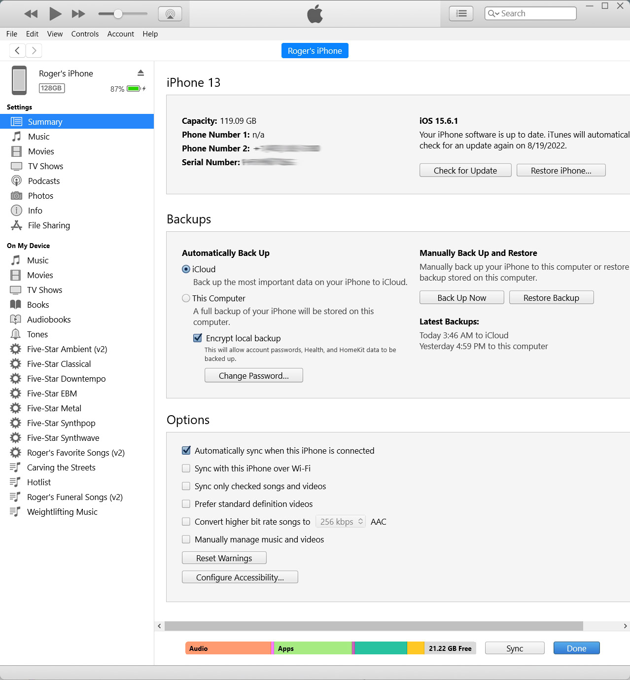 The iPhone summary page in iTunes for Windows sync