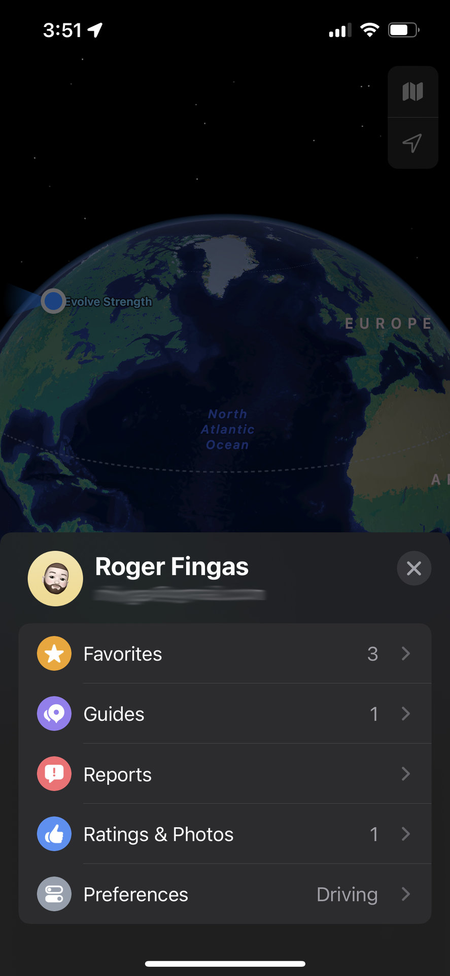 The profile icon menu in Apple Maps