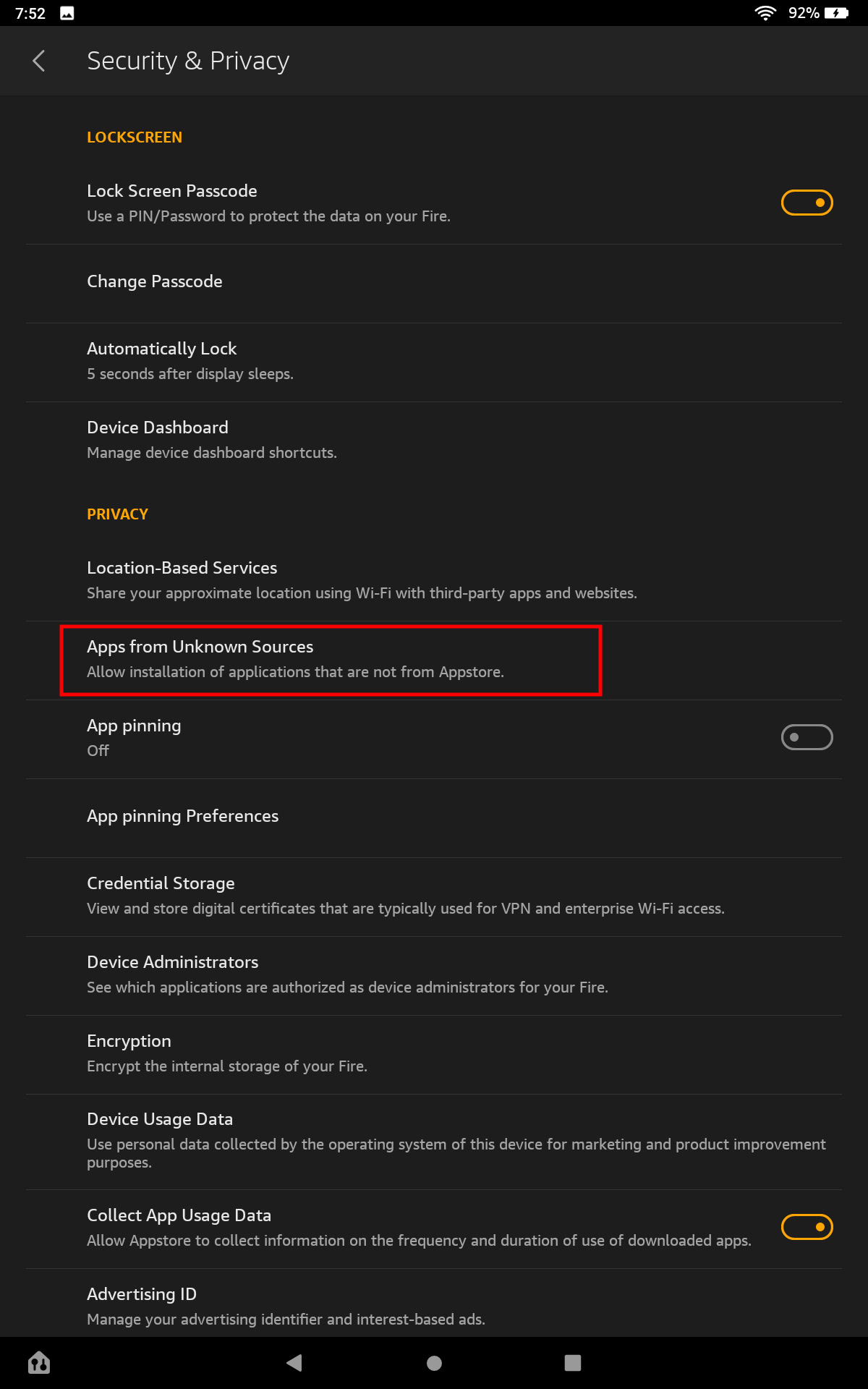 Turn on Allow apps from unknown sources on Amazon Fire tablet 2