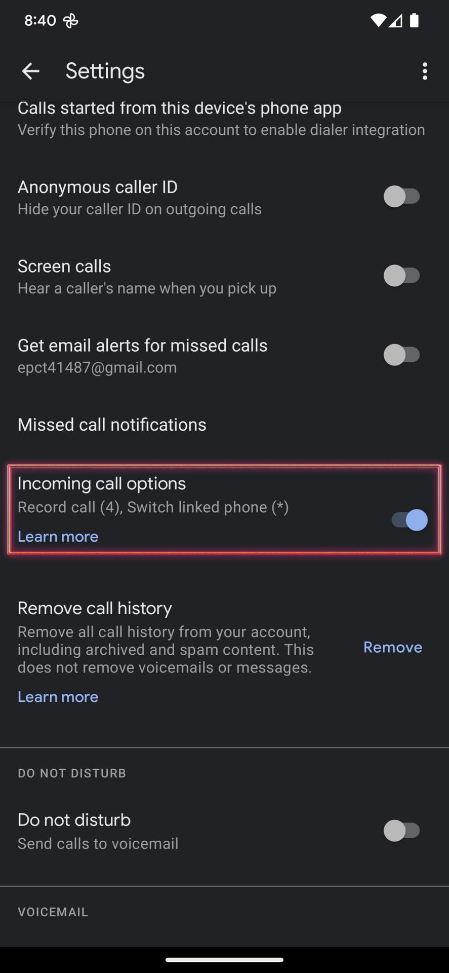 Turn on call recording on Google Voice 2