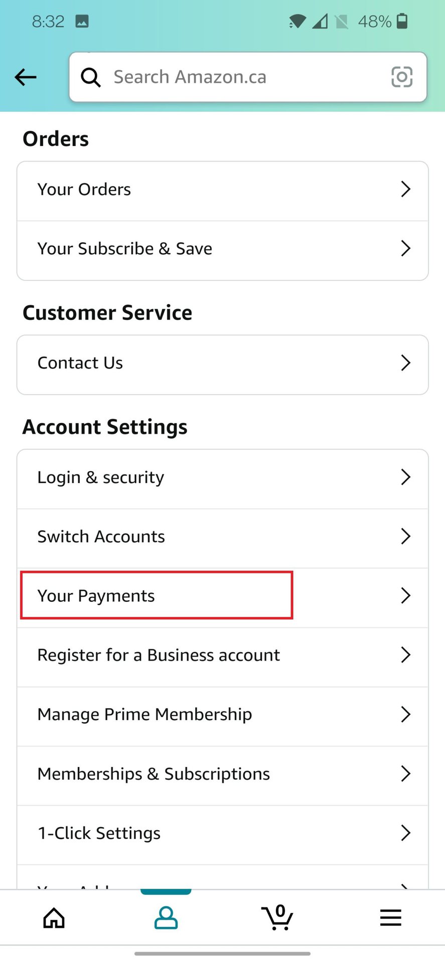 amazon app account options