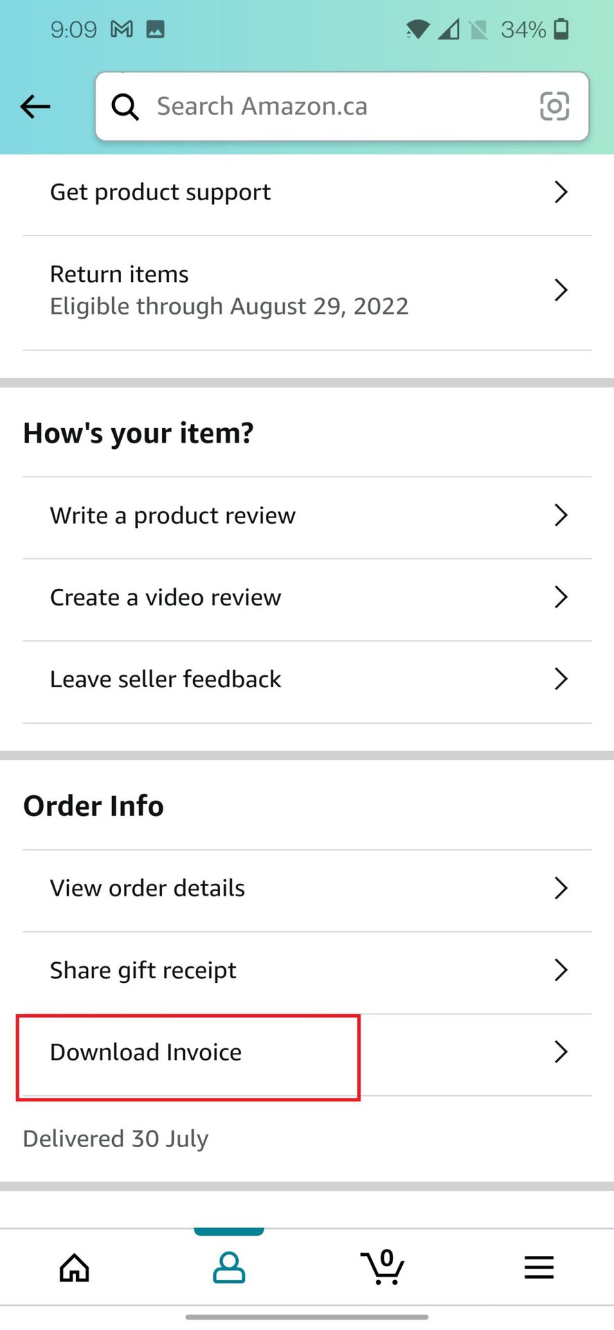 amazon app find receipt