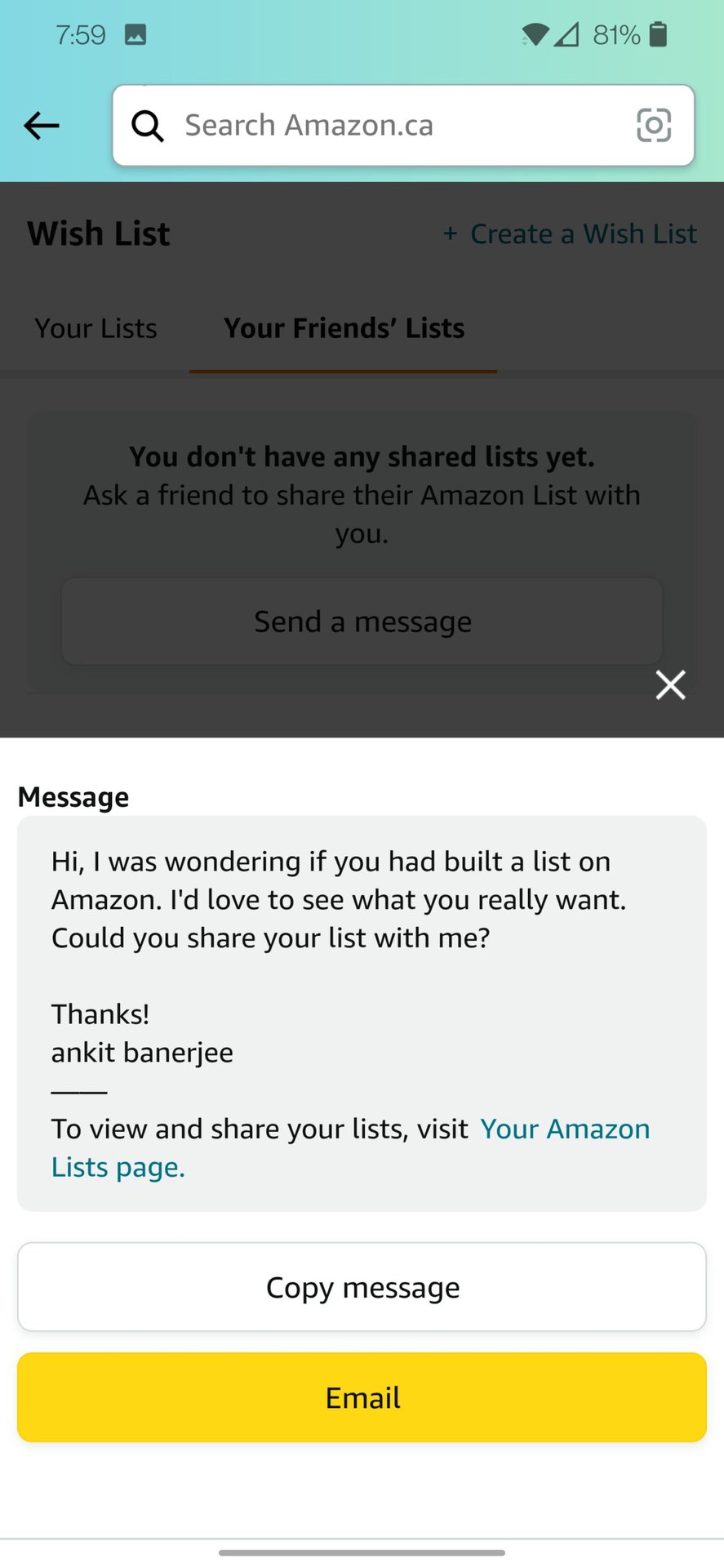 amazon app send message to ask for wishlist