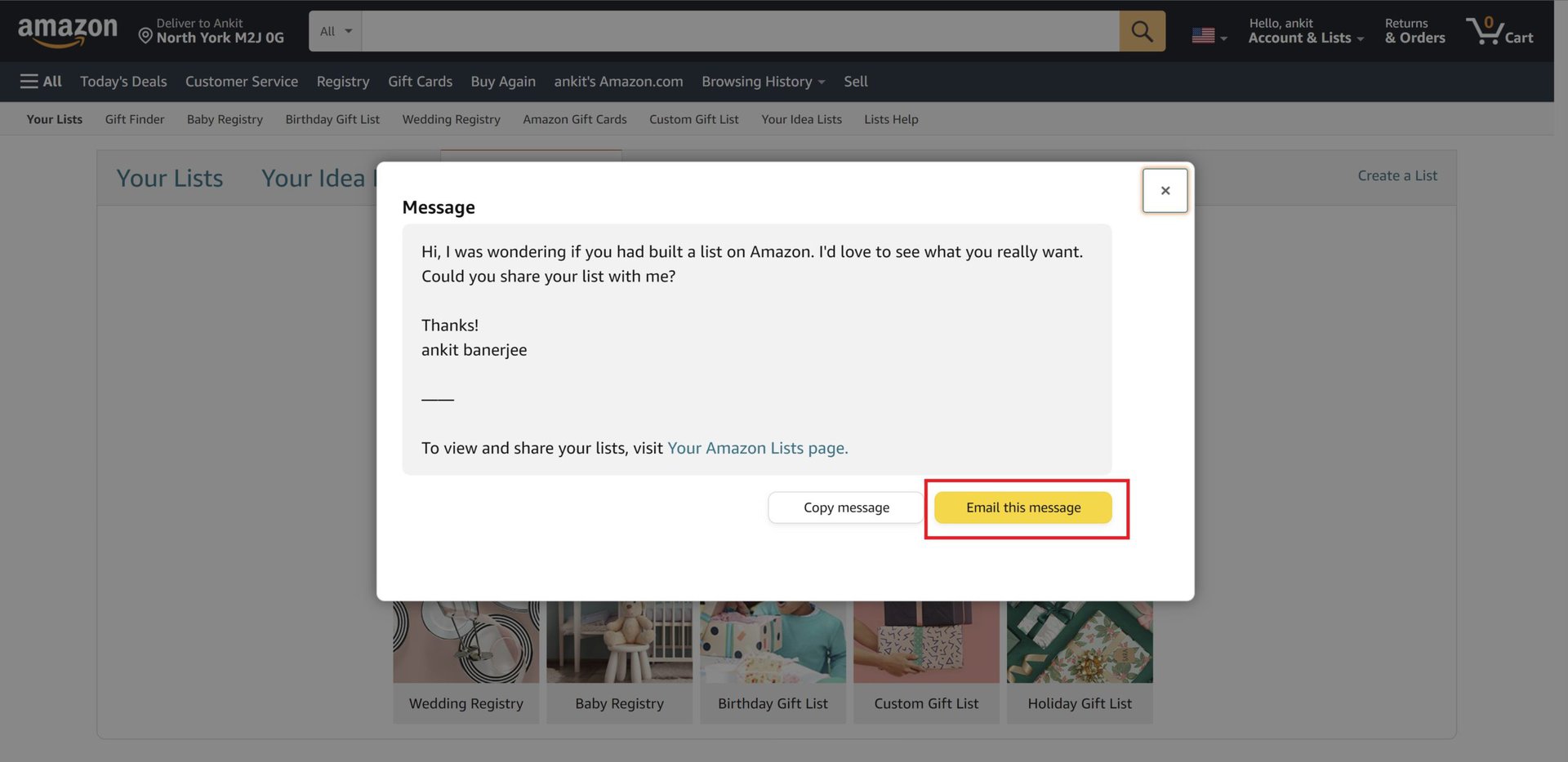 amazon send email to ask for wishlist