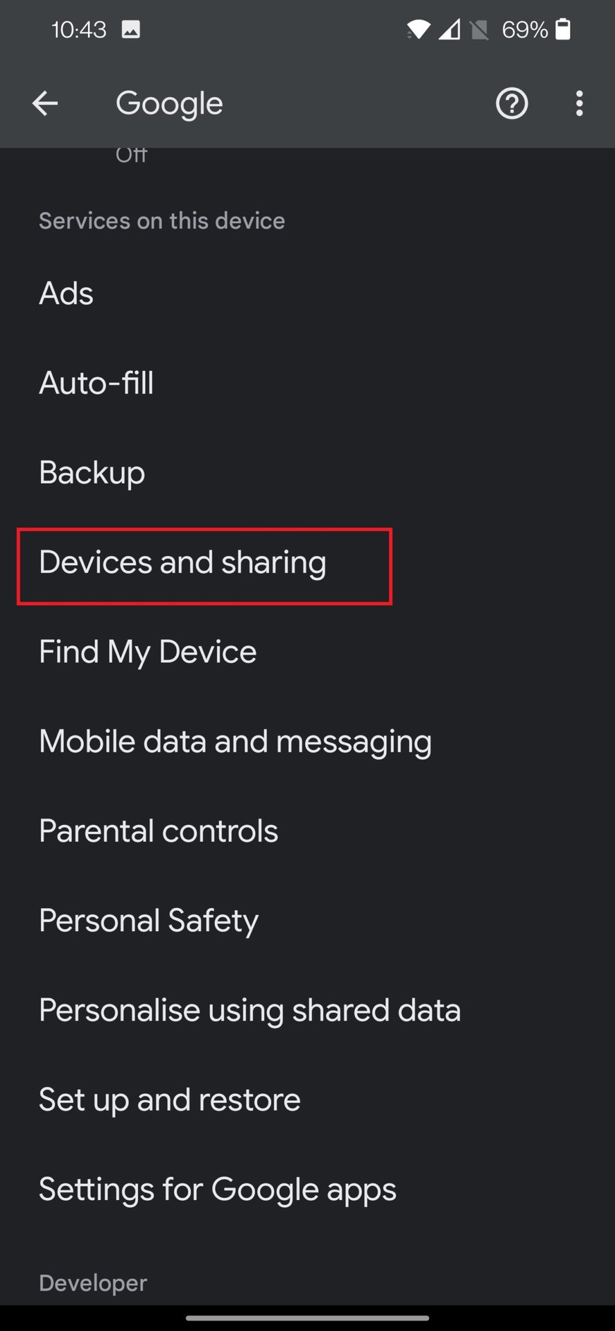 android google settings page
