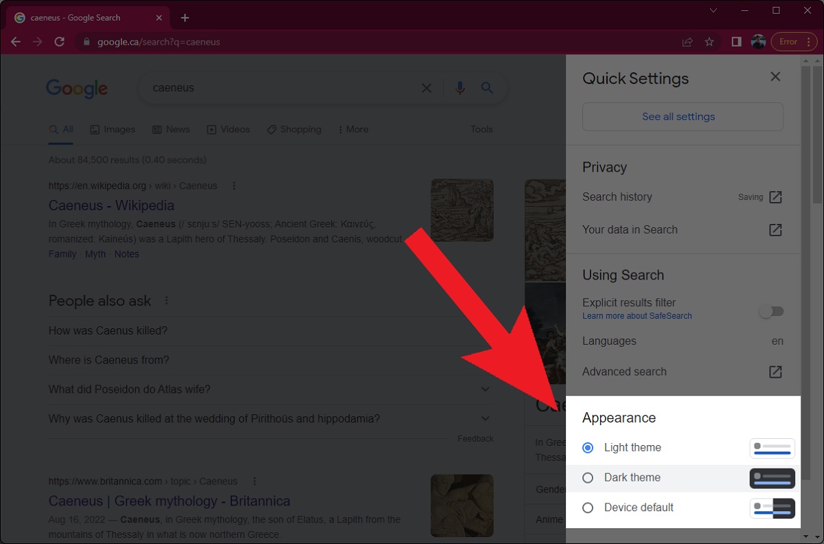 appearance theme settings in a search