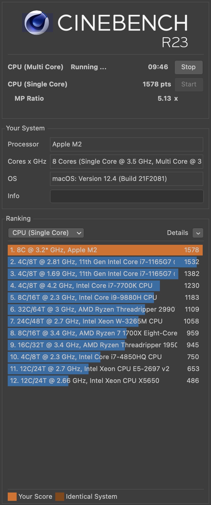 apple macbook air m2 cinebench r23 benchmark single core