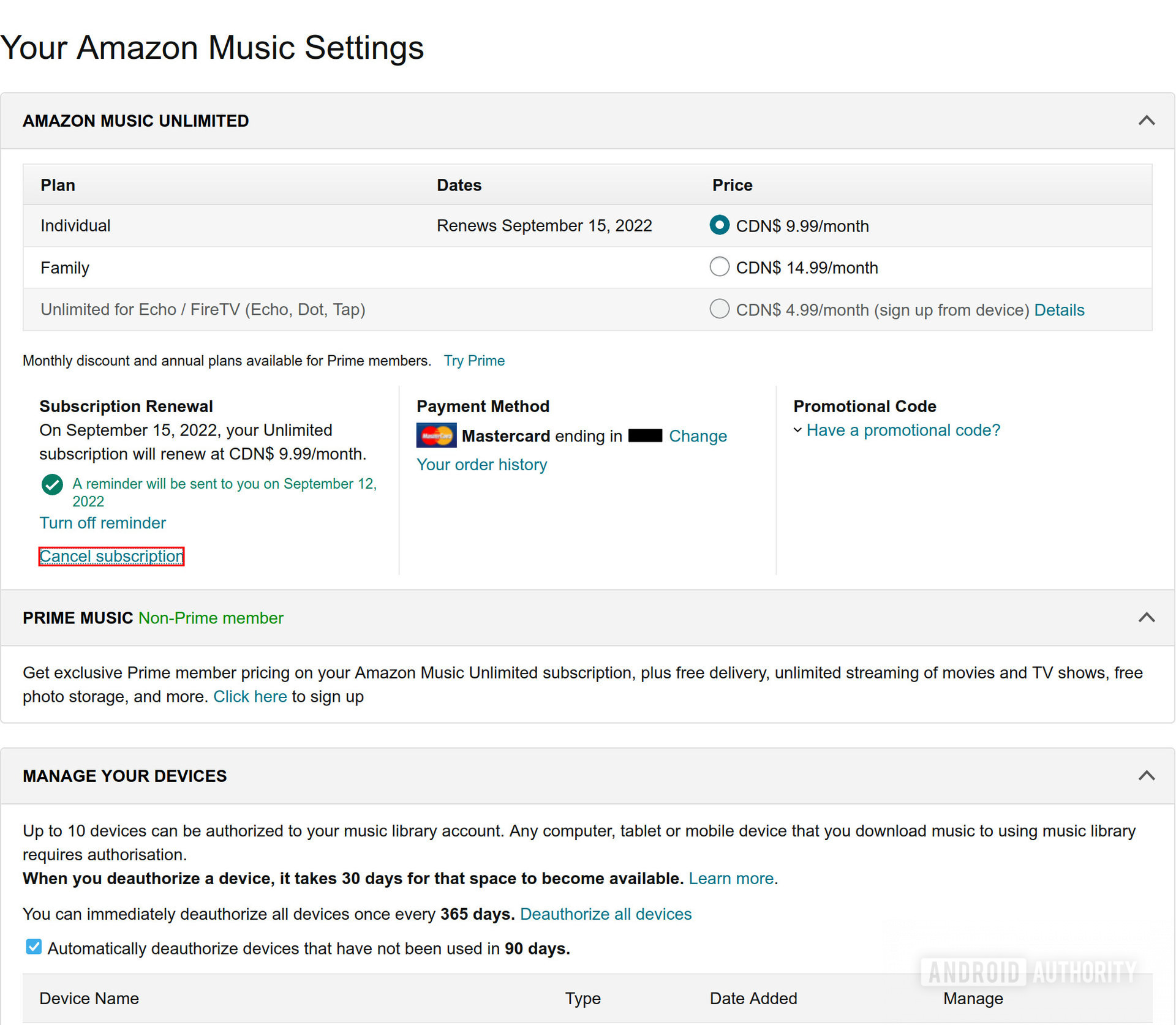 The Amazon Music settings webpage with 'Cancel subscription' highlighted with a red box around it.