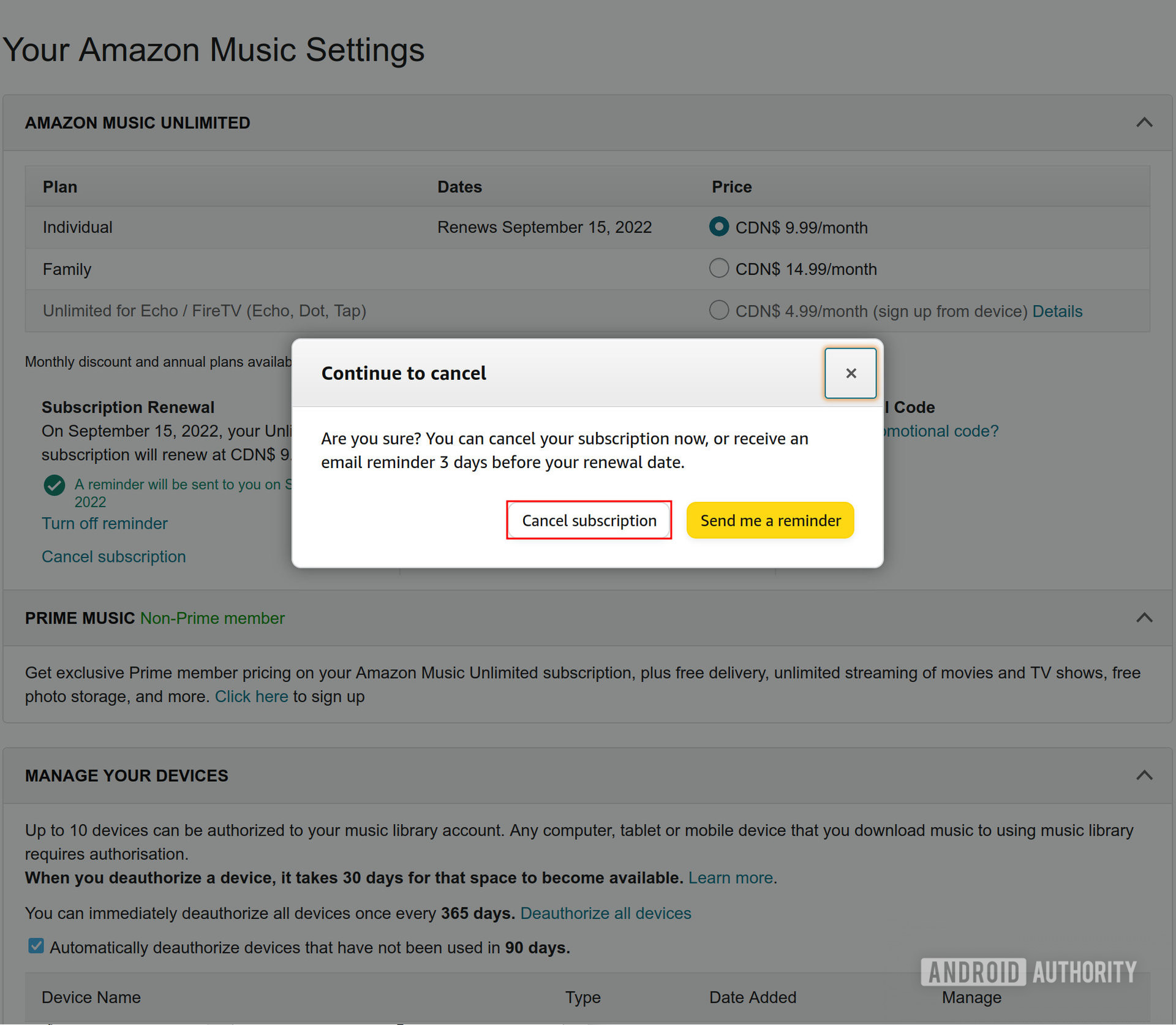 A pop-up on the Amazon Music settings webpage asking to confirm the cancellation of a subscription with a red box highlighting the 'Cancel subscription' option.