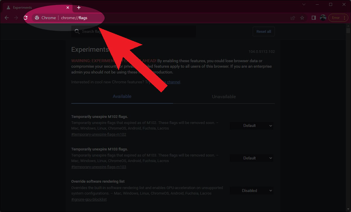 the chrome flags experimental webpage