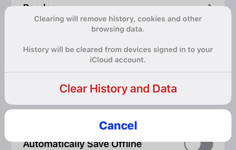 clear history and data ios
