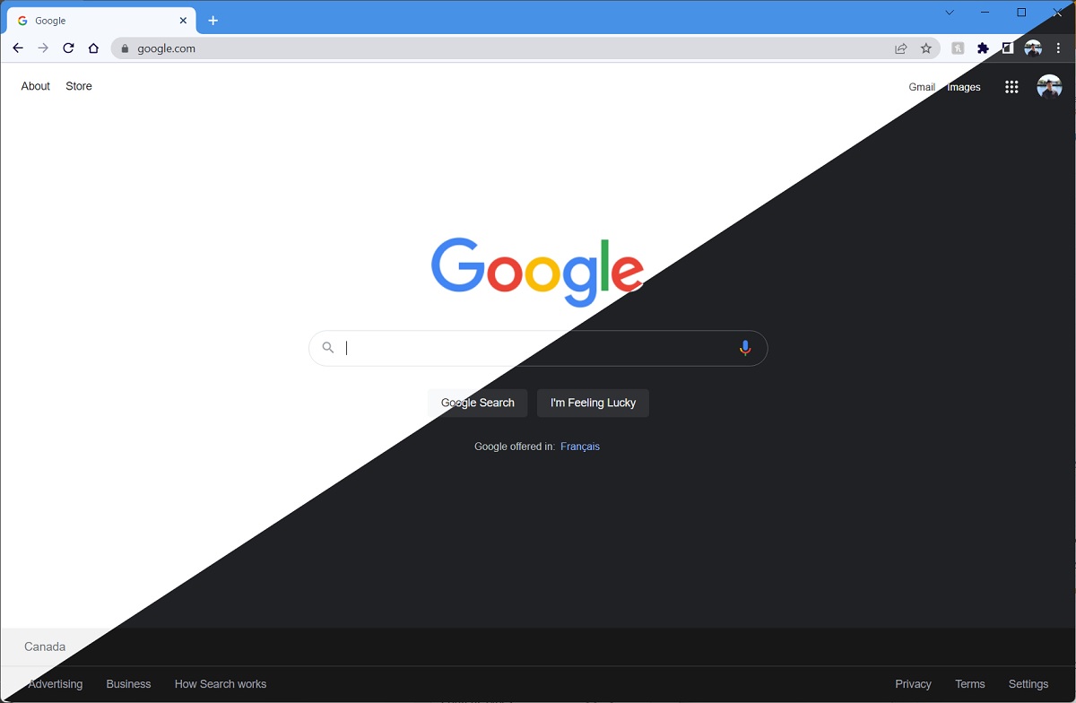 Google homepage half light half dark