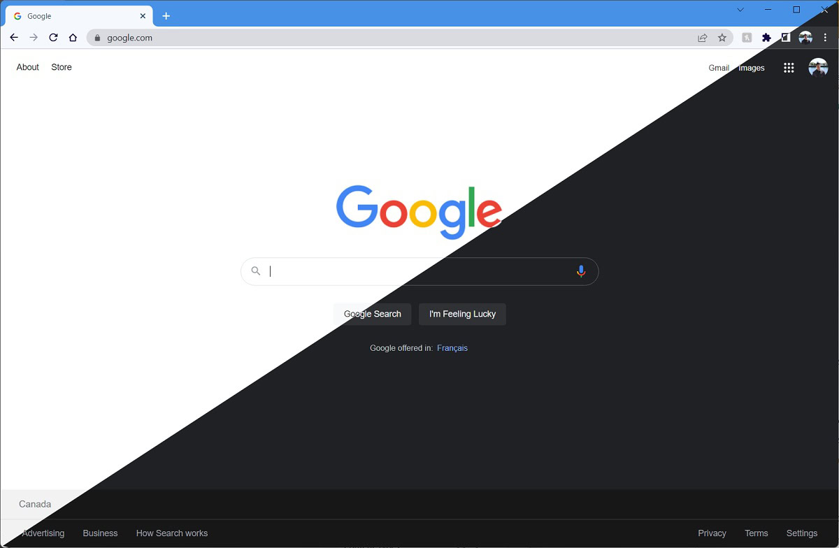 Google homepage half light half dark