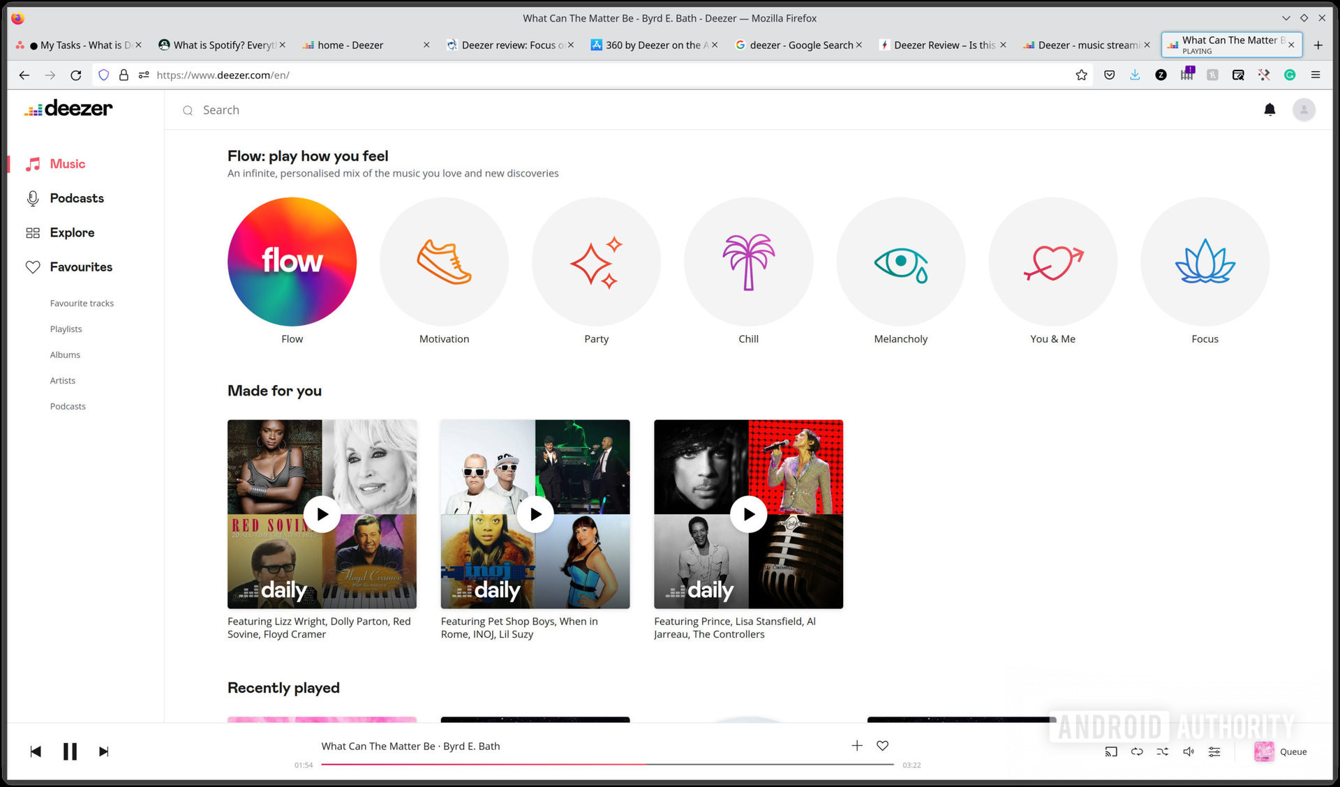 The Deezer home page with &quot;Flow&quot; clearly visible and variois genres and albums available.