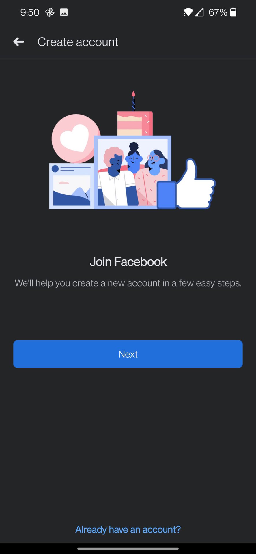 facebook app create account