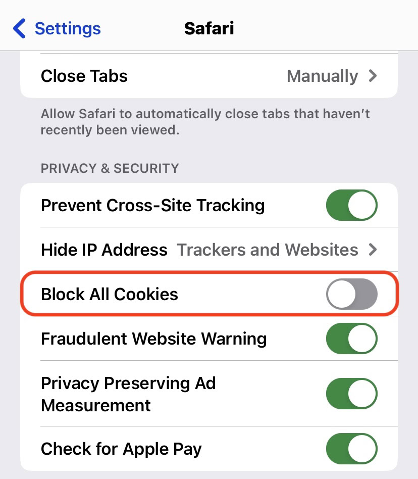 ios safari block all cookies