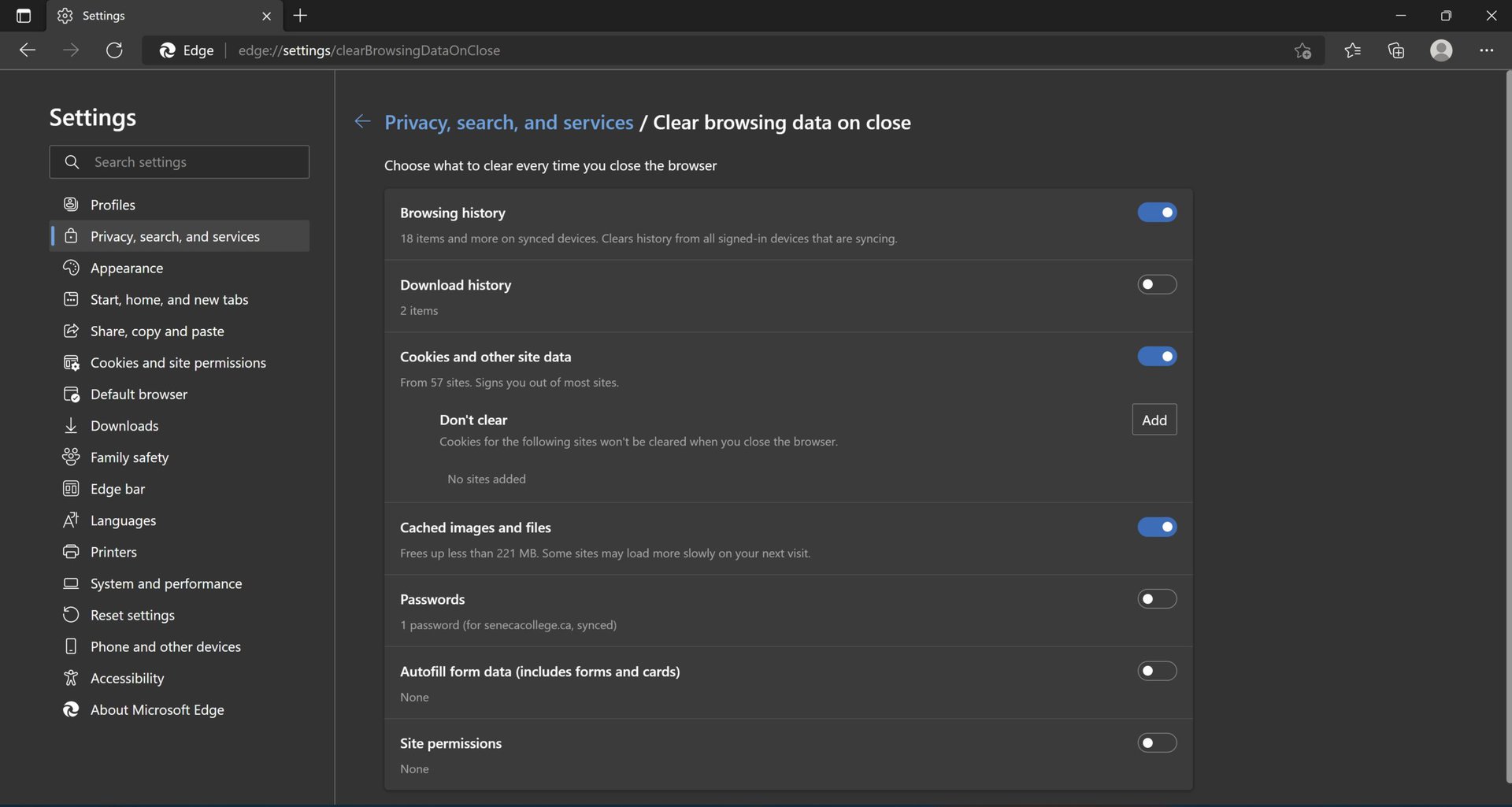 microsoft edge auto clear browsing data options