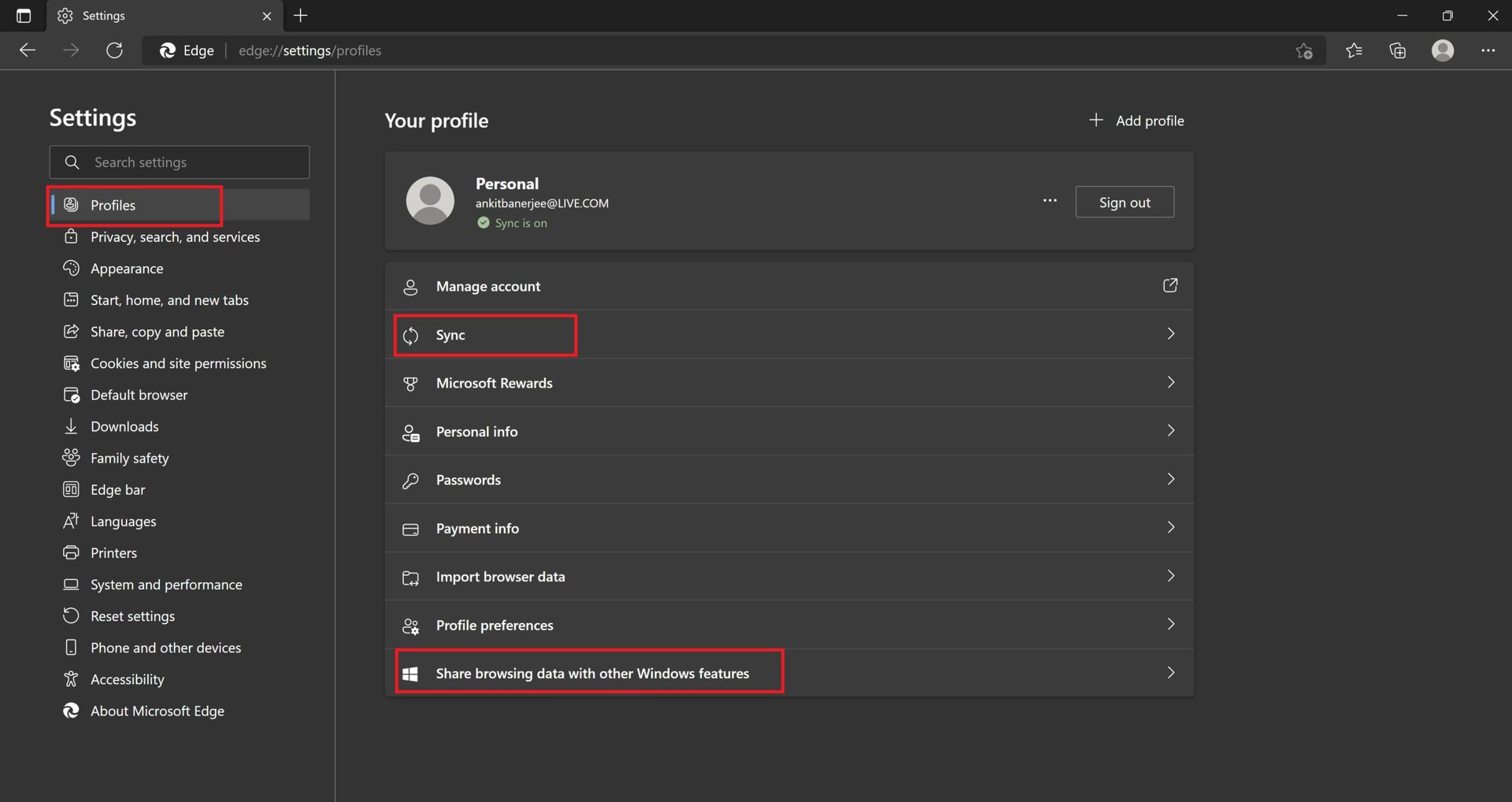 microsoft edge sync settings