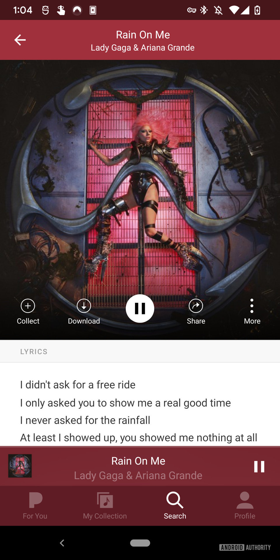 Screenshot of the Pandora app showing the lyrics to Rain on Me.