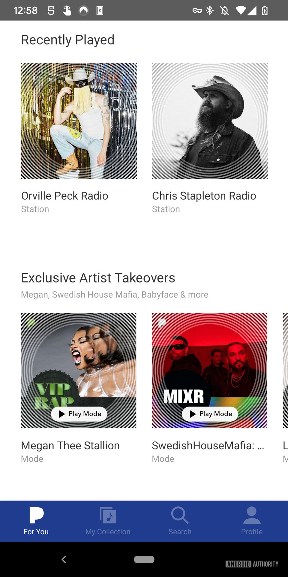Screenshot of the Pandora app showing the Exclusive Artist Takeovers section.