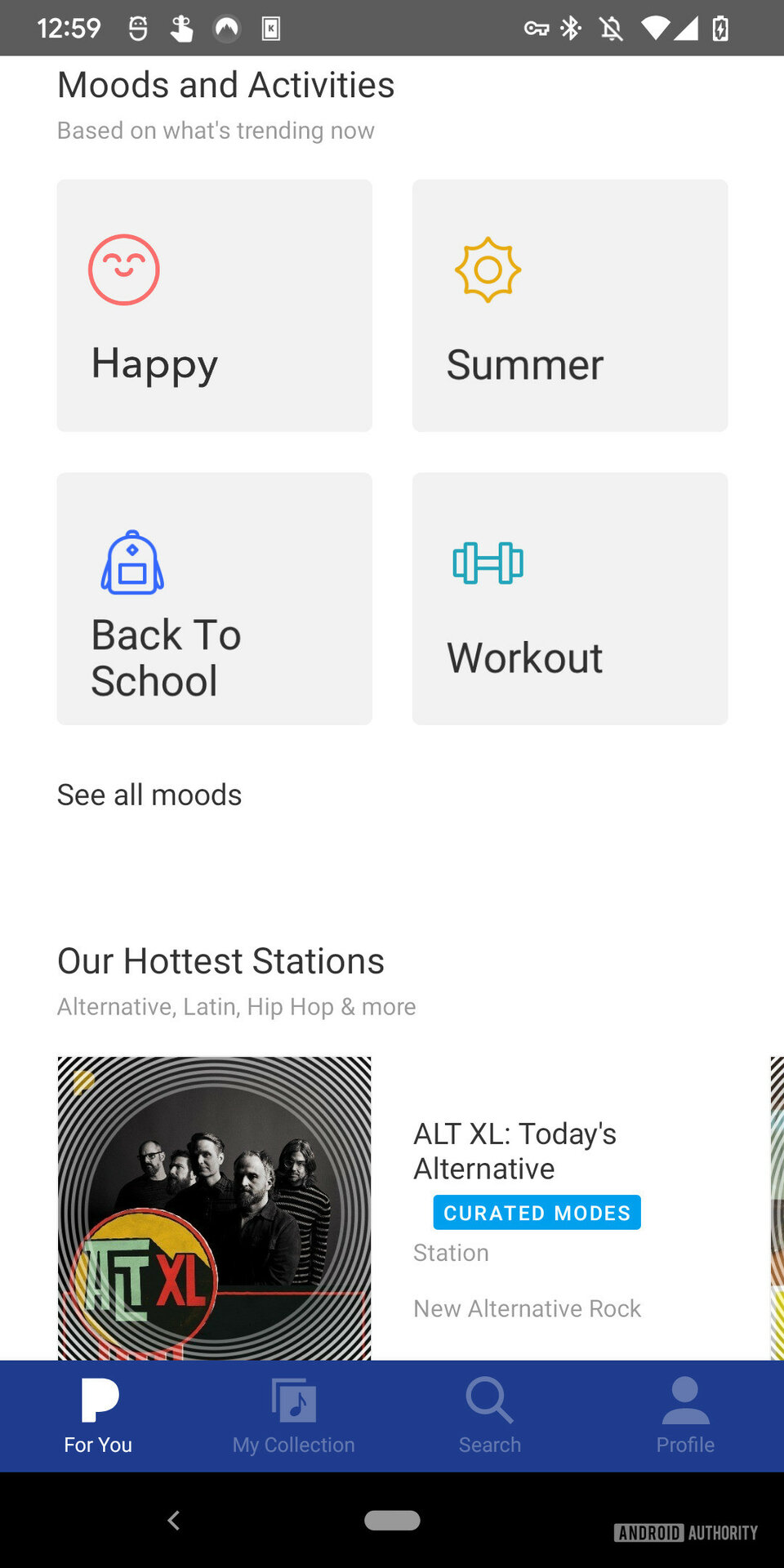 Screenshot of the Pandora app showing the genre and mood stations available.