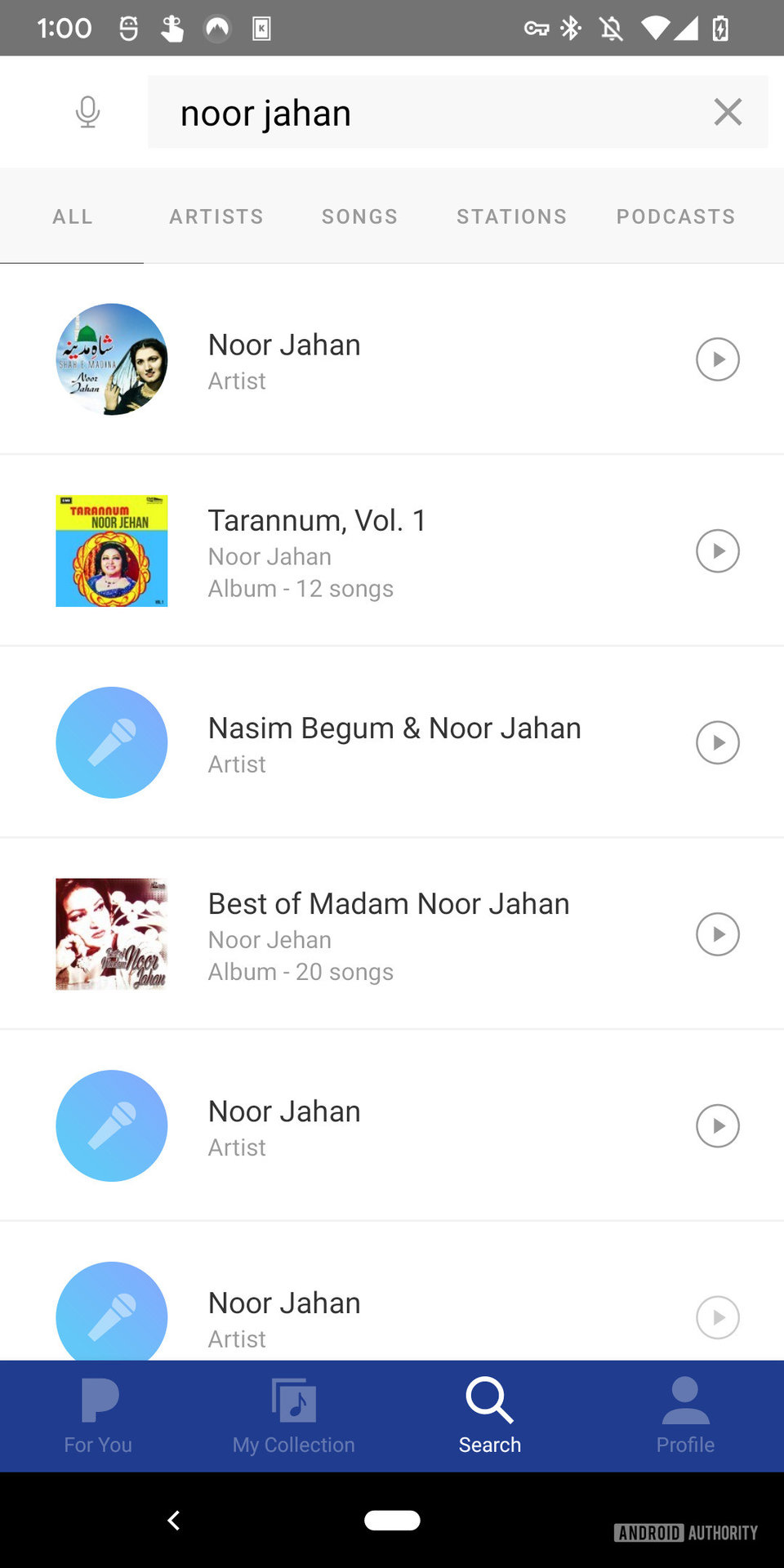 Screenshot of the Pandora app showing the results for searching for the artist Noor Jahan.