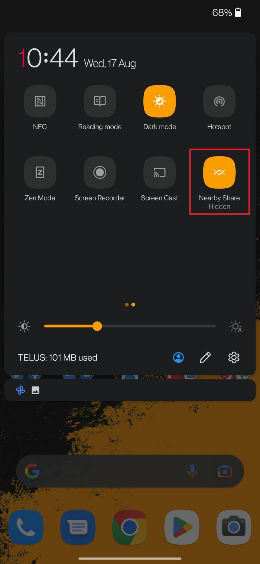 quick settings showing nearby share