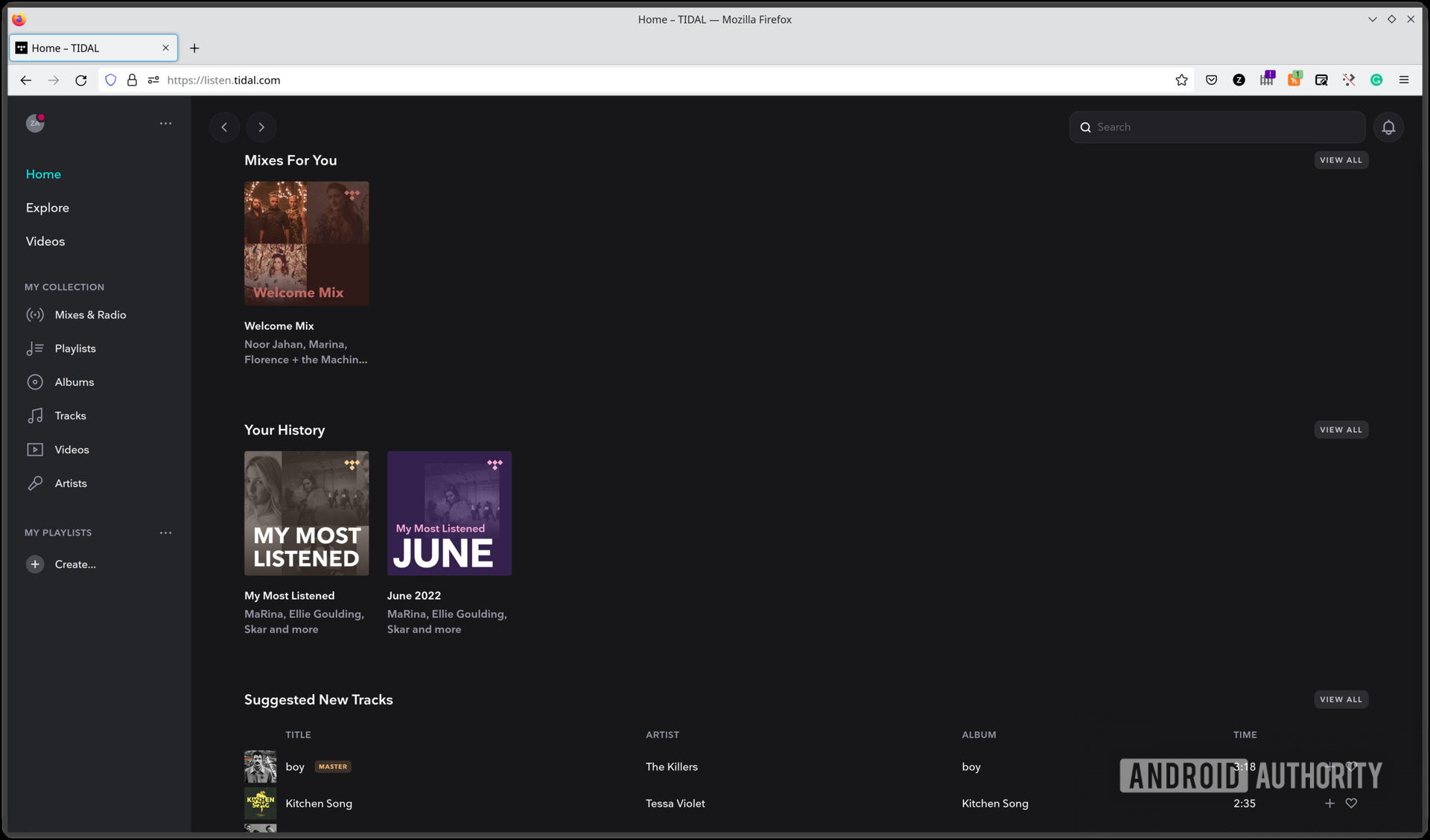 A screenshot of the TIDAL home page on the web player.