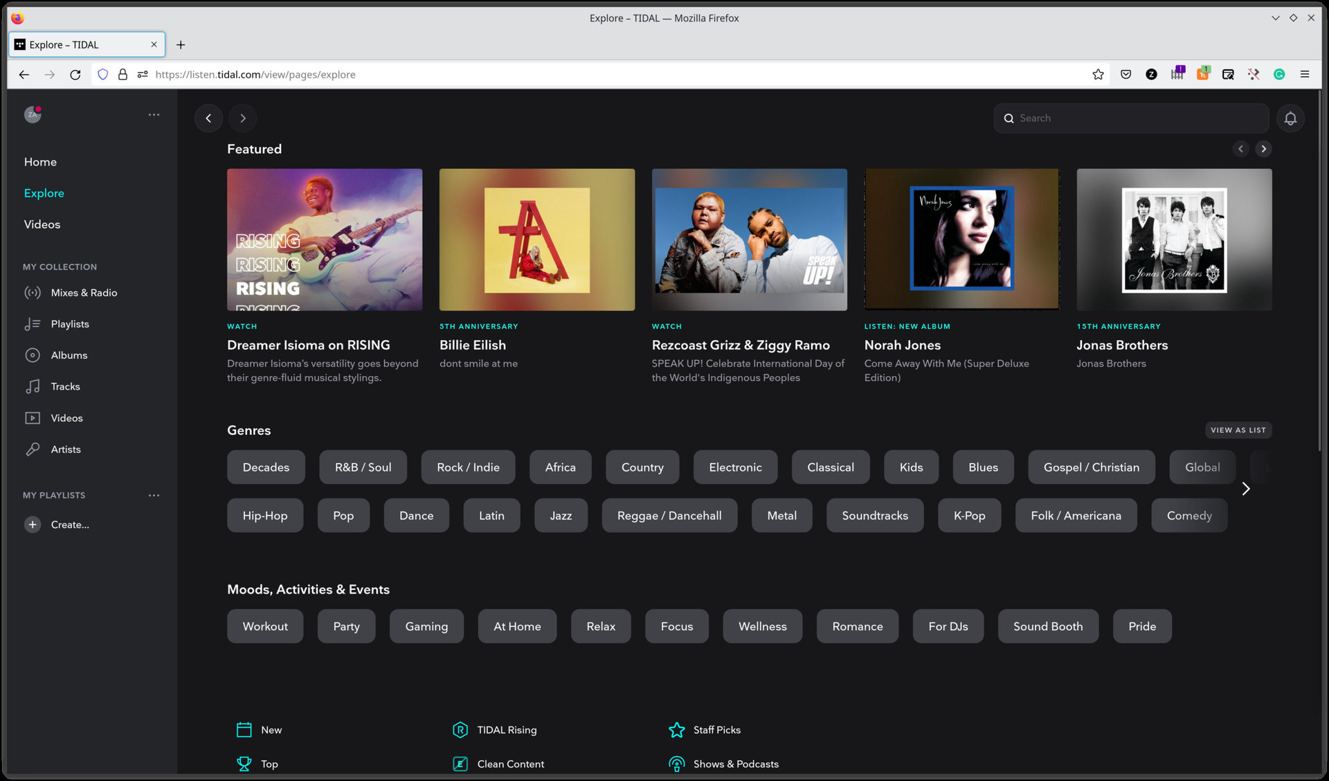 The Tidal web player showing the &quot;Explore&quot; tab full of variois genres, artists, albums, playlists, and more.