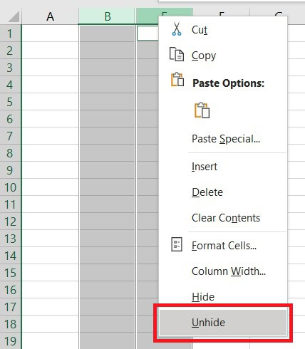 unhide column excel