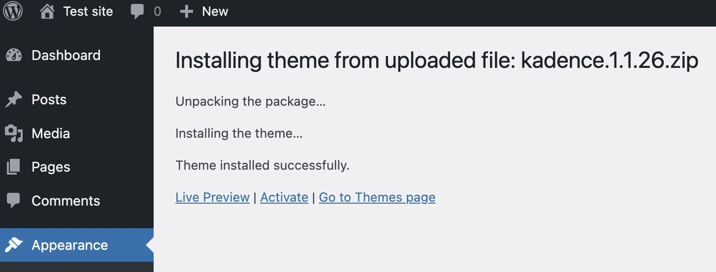 wordpress theme zip file installed