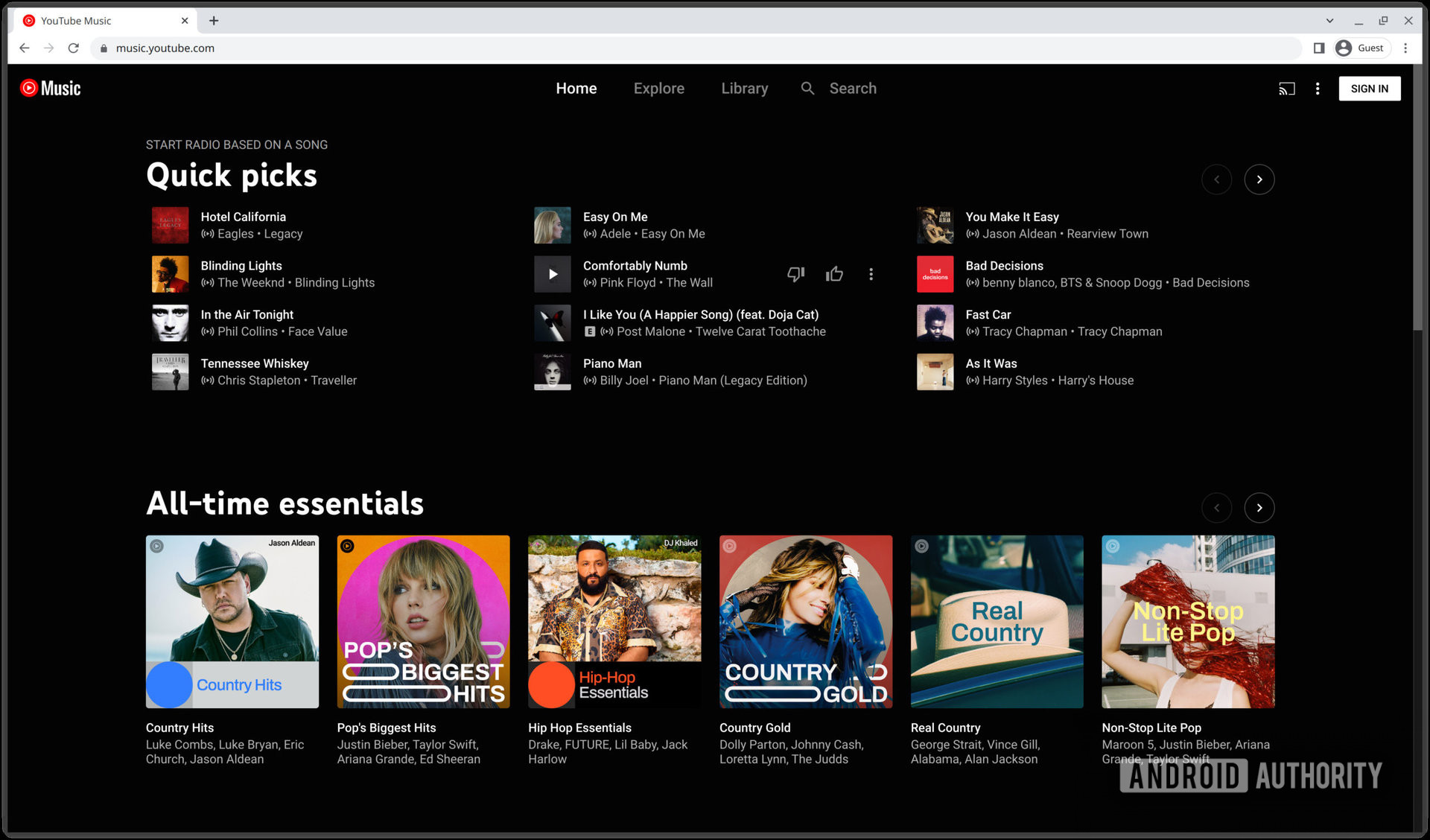 A screenshot of the YouTube Music homepage without any paid subscription. It shows varios arists, genres, artists, and playlists.
