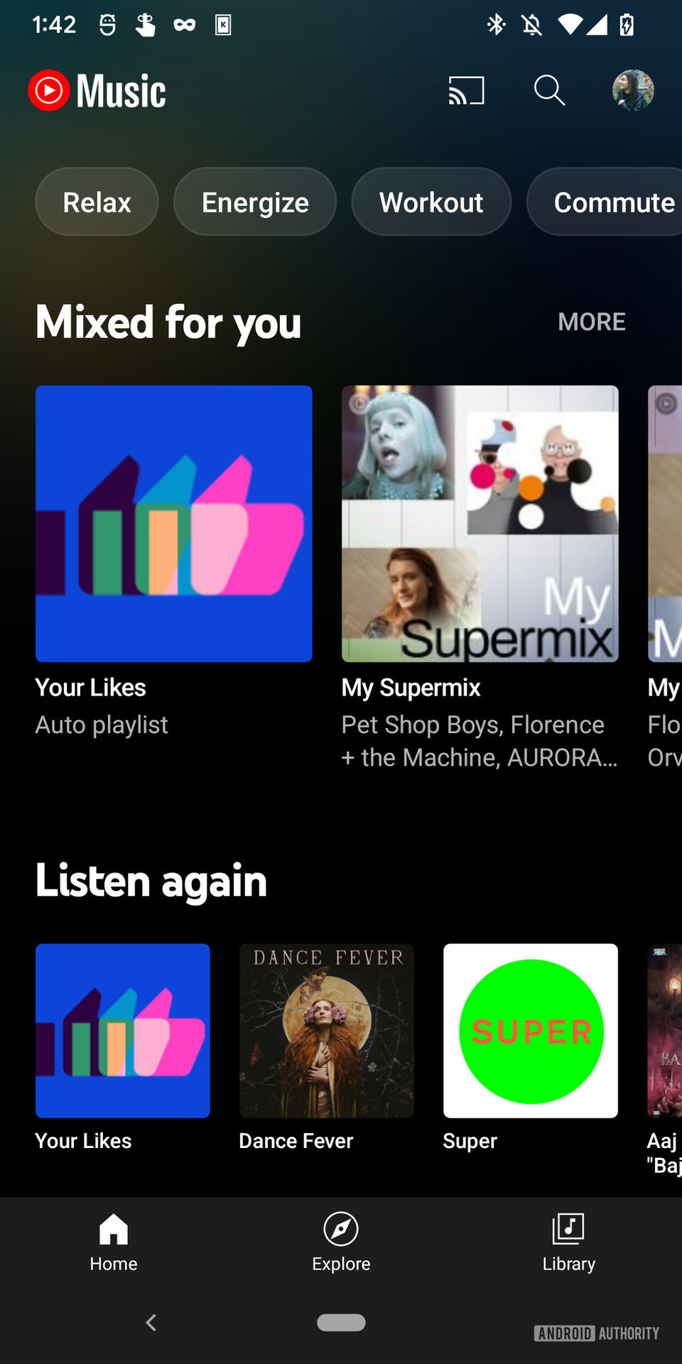 A screenshot of the YouTube Music app with a Premium subscription showing the "Home" tab with the "Mixed for you," and L"isten again" sections visible showing various artists and albums plus playlists, and across the top are buttons to access other playslists for "Relax," "Energize," "Workout," and "Commute."