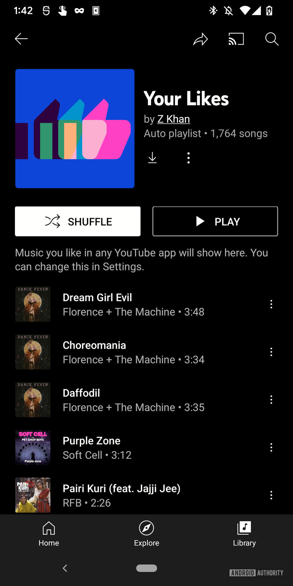 A screenshot of the YouTube Music app with a Premium subscription showing the "Your Likes" playlist.