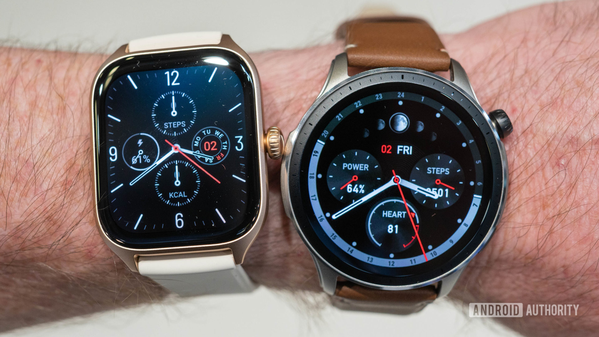 Amazfit GTS 4 and GTR 4 side by side on wrist