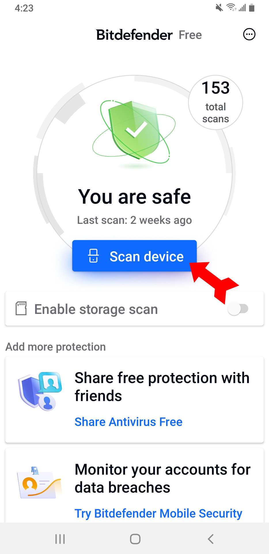 An Android Anti Malware Scanning app with a red arrow point at a blue button that ssays "Scand device"