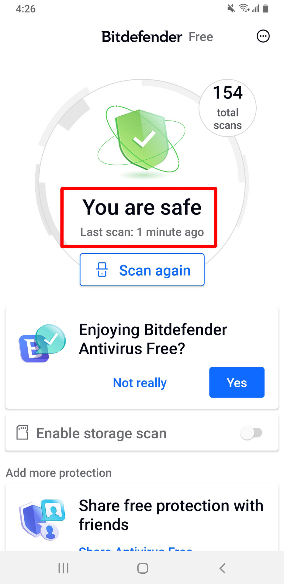 An Android Anti Malware Scanning app stating "You are safe" after finishing a safe.