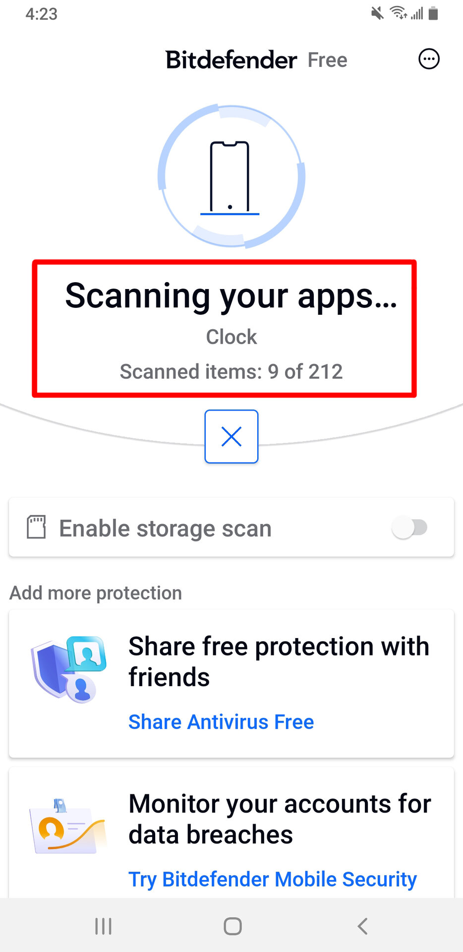 An Android Anti Malware Scanning app scanning a device.
