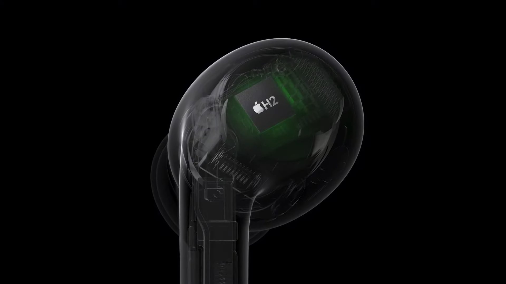 A product image of the AirPods Pro (2nd generation) showing the internals of an earbud including the H2 chip.