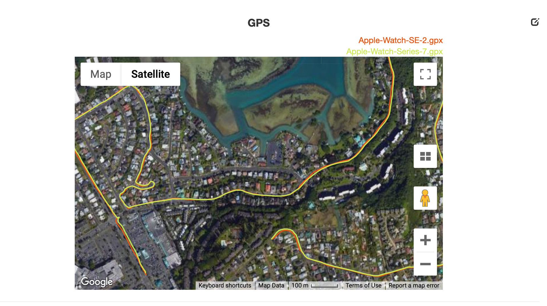 GPS data shows nearly identical routes recorded by the Apple Watch SE 2 and Apple Watch Series 7.