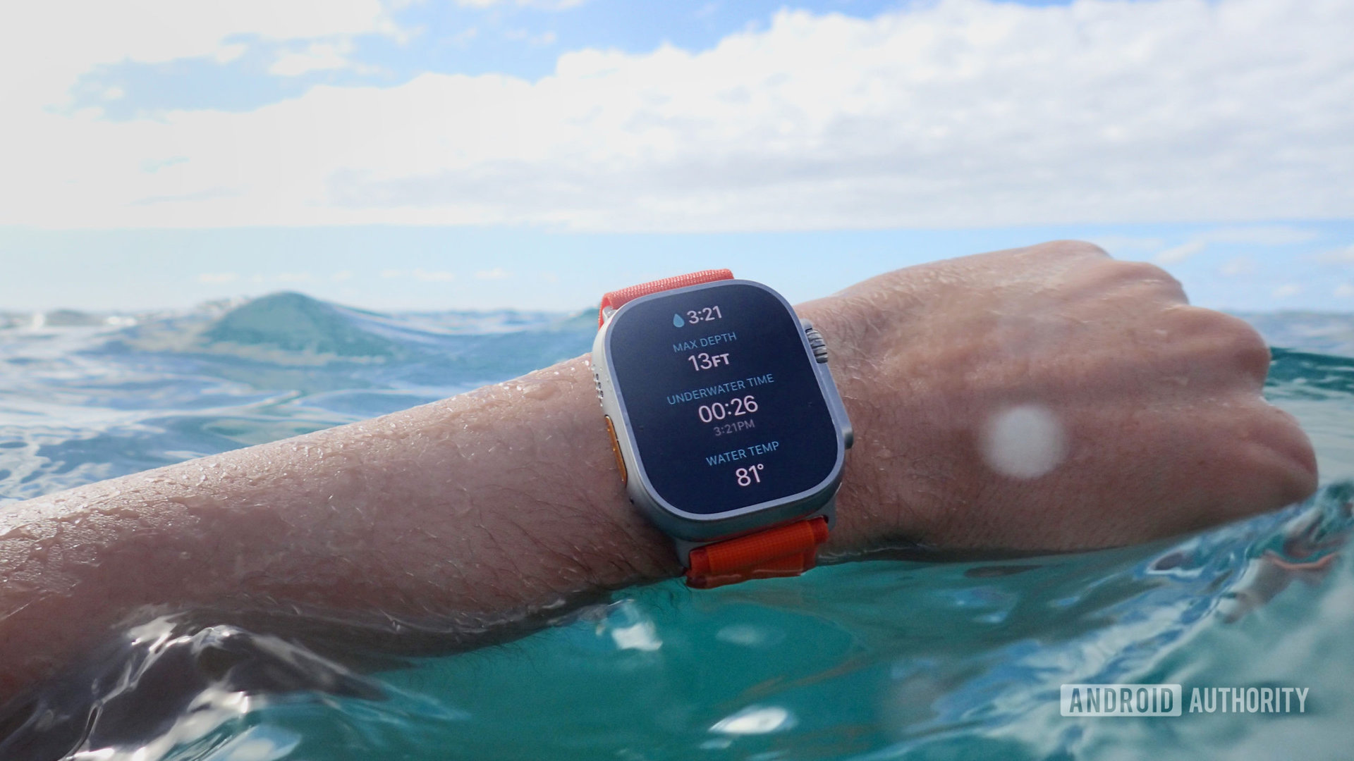 A user checks their dive stats at the surface on their Apple Watch Ultra.