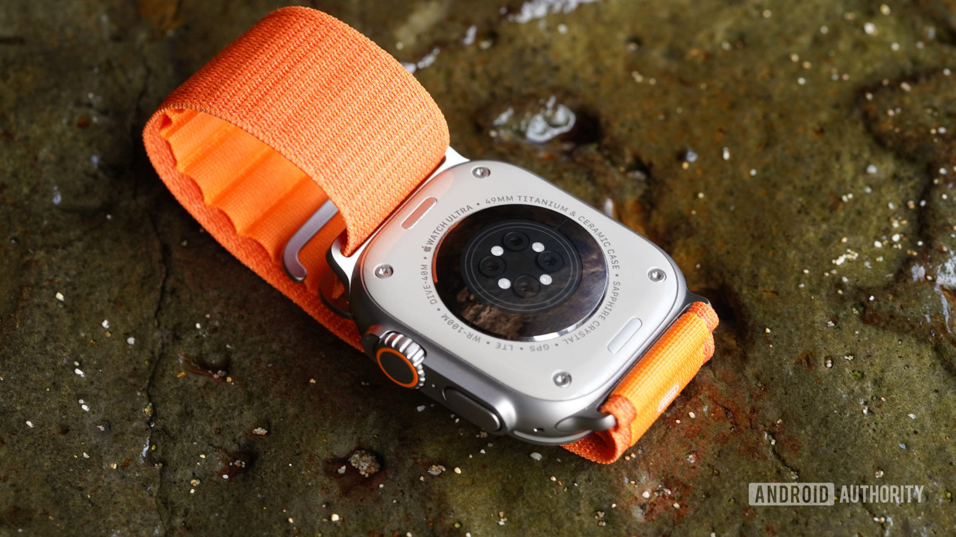 An Apple Watch Ultra rests face down on a wet rock, highlighting the device's sensors.