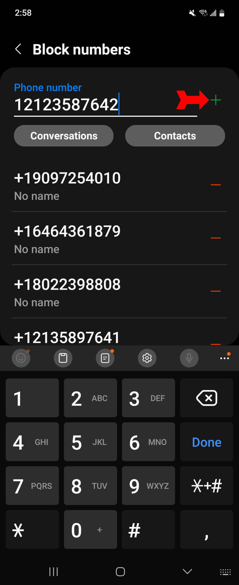 Block Number Messages Add Number to List