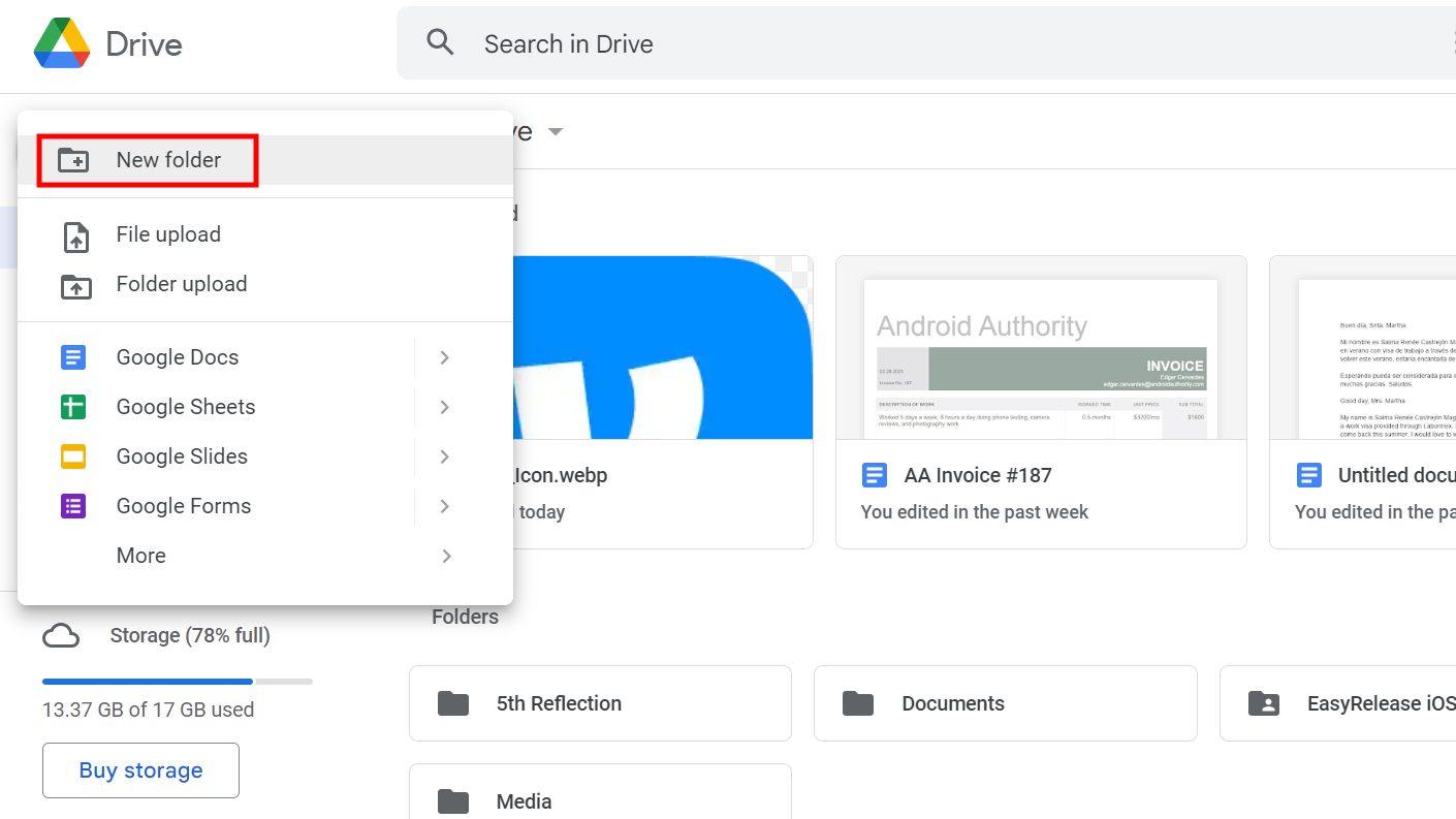 Create new folder on Google Drive