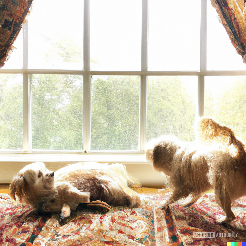 A DALL-E 2 generated image from the prompt &quot;two dogs frolicking on a Persian rug in front of a window.&quot;